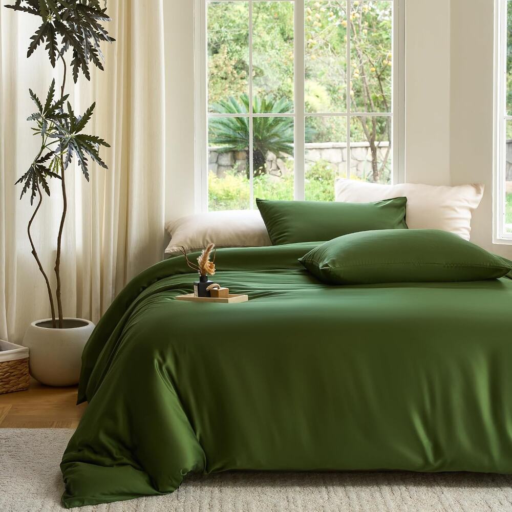 NWT DOZ Duvet Cover 3PC Set 100% Viscose +2 Shams Forest Green F/Q